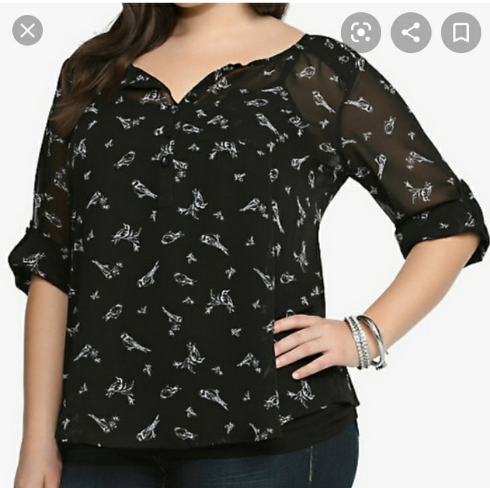 Torrid Sheer Bird Half Sleeve Blouse 0x suplice black